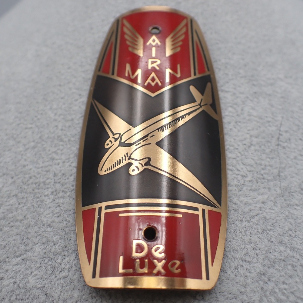READ VTG Airman De Luxe Bicycle Head Badge Red Black Gold Airplane Metal Emblem